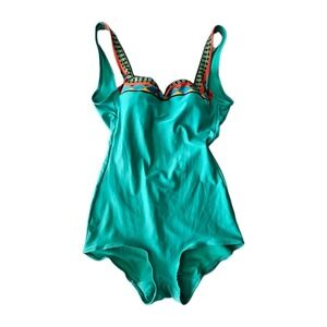 Vtg Gottex Turquoise Green Square Neck Colorful Geometric Trim Swimsuit